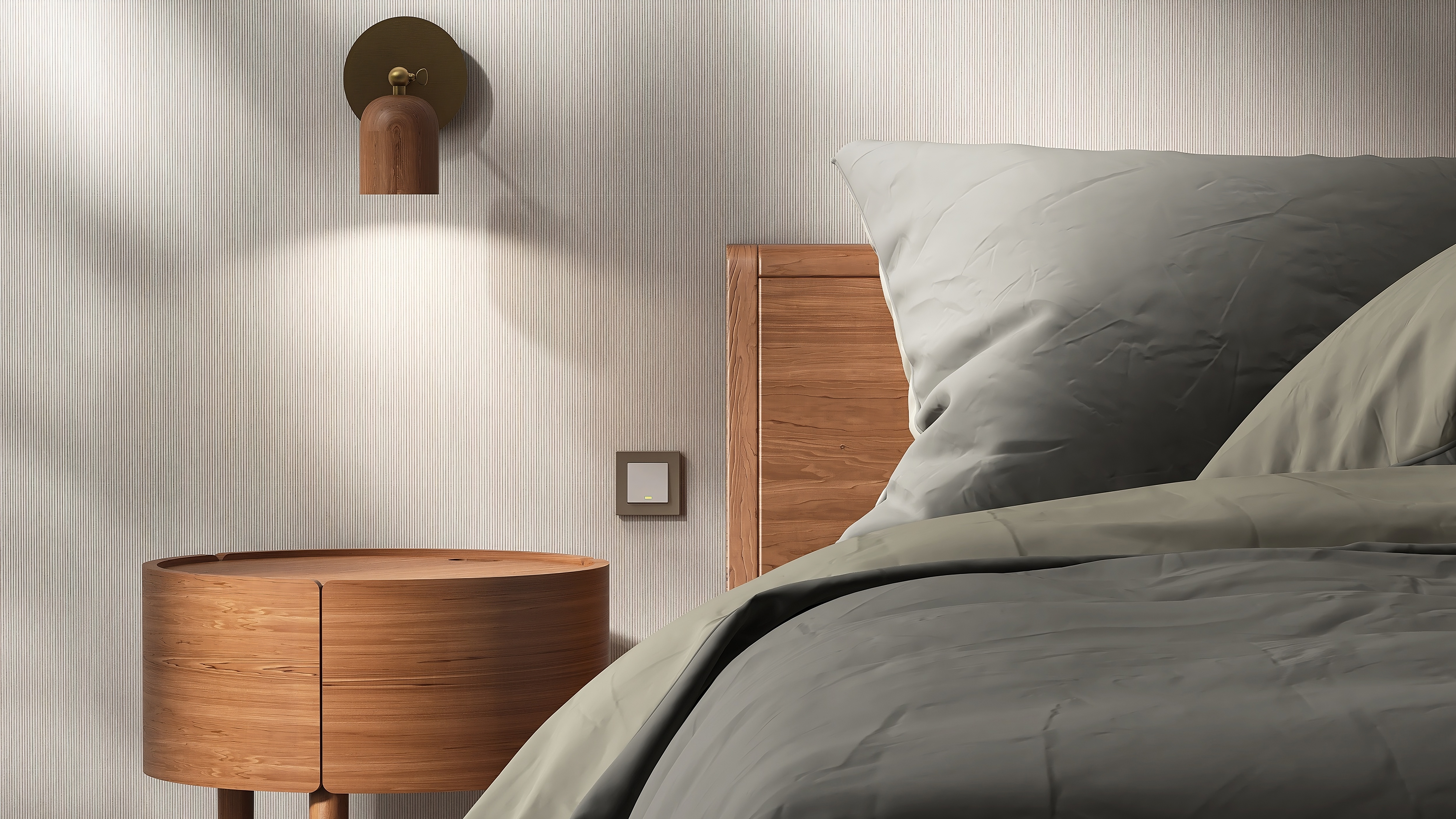 round-wooden-bedside-table-lamp-by-headboard-bed-gray-blanket-and-pillow-in-sunlight-on-vertical-stripe-wallpaper-wall-luxury-beauty-fashion-skincare-body-care-product-display-background-3d